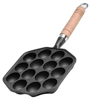 Immagine prodotto di Omgoods - Padella per Takoyaki con 14 cavità - Griglia in ghisa - Manico rimovibile - Antiaderente - Resistente al calore - Materiale resistente