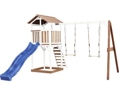 Produktbild von AXI Beach Tower Spielturm aus Holz in Braun & Weiß | Spielhaus für Kinder mit blauer Rutsche, Doppelschaukel und Sandkasten | Stelzenhaus für den