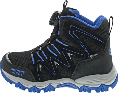 A single black and blue children's boot is shown against a white background.