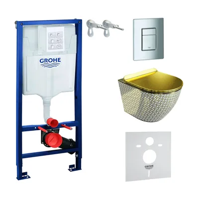 Produktbild von GROHE Vorwandelement Solido + Wand Hänge WC Sofi Slim Golden Never Die Spülrandlos + WC-Sitz SoftClose | Verchromter Knopf | Komplettset | Unterputz Spülkasten | Toilette Komplett Sett