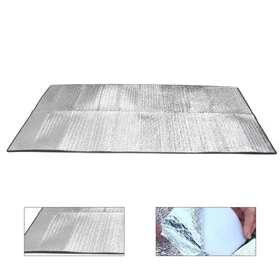 A silver and black picnic blanket laid out flat.