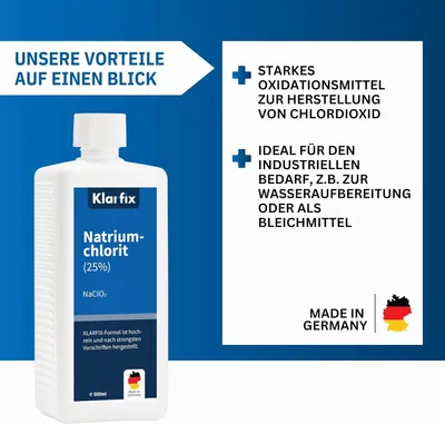 Produktbild von Natriumchlorit 25 % | Starkes Oxidationsmittel zur Herstellung von Chlordioxid | Für Wasseraufbereitung, Desinfektion & Bleichmittel | Technisches Konzentrat (1x 500ml)
