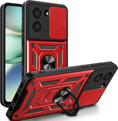 A red and black phone case with a camera cover and ring holder, shown from two angles.