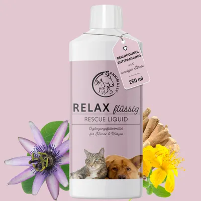 A bottle of Relax Liquid Rescue for pets, with decorative flowers and roots.