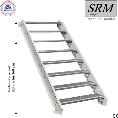 Produktbild von 8 Stufen Stahltreppe Weiß Breite 80 cm Geschosshöhe 120 - 160 cm ohne Geländer