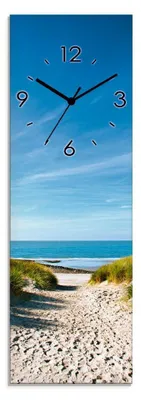 A vertical clock face superimposed on a scenic beach landscape.
