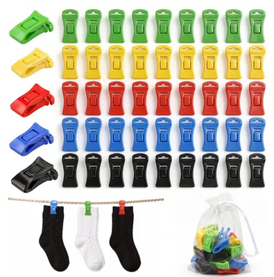 Imagen del producto de Clips para calcetines, de varios colores, 50 unidades, con ganchos y bolsa de almacenamiento, para la ropa