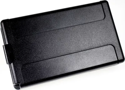 A black rectangular case, likely a battery or accessory case, is shown against a white background.
