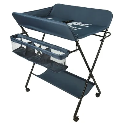 Produktbild von Baby Wickeltisch Mobile Klappbar Wickelkommode mit Aufbewahrungskorb Abschliessbaren Rädern Höhenverstellbarer Navy blau