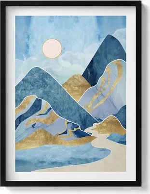 Produktbild von Abstrakte Landschaft mit Bergen und Sonnenschein– Wandbild mit Rahmen – Gerahmtes Bild  – Wanddekoration – 60x80 cm –  Schwarz Rahmen