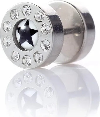 Produktbild von Ohrstecker Ear Fake Logo Stern Stahl mit Kristallen Steine Weiss 10mm Ohrpiercing- 1841