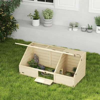 Produktbild von SUGIFT Schildkrötengehege Outdoor bodenlos, Reptiliengehege verankerbar, Schildkrötenhaus Tannenholz + Stahl, Naturholz | 120 x 55 x 50 cm | Sonnenbereich