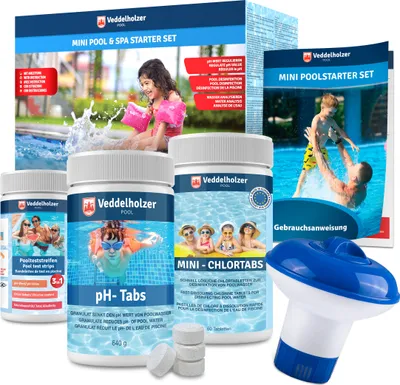 Produktbild von Veddelholzer Mini 4 in 1 Reinigungsset Pool & Spa Poolreiniger, Tester pH, Chlor Tabs 2,7 g, ph-Tabs, Skimmer zur Poolpflege für Anfänger mit Anleitung Perfekte Pool Reinigung & Whirpool Reinigungsset