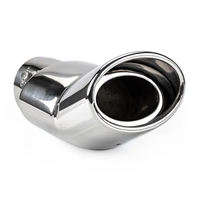 A shiny chrome exhaust tip on a white background.