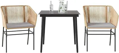 Imagen del producto de Juego de jardín de 3 piezas con cojines, color marrón, de ratán sintético y cristal. Incluye una mesa y 2 sillas. Ideal para balcones, terrazas y jardines