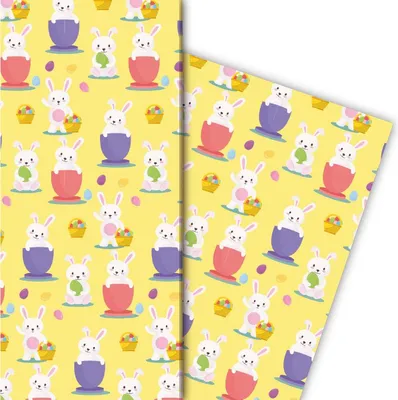 Produktbild von Süßes Oster Geschenkpapier mit lustigen Häschen auf gelb - G5192, 32 x 48cm
