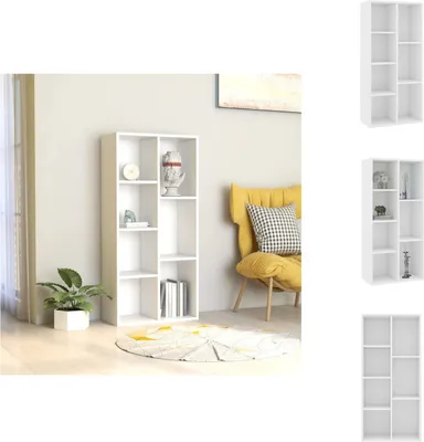 A white bookshelf with several compartments is shown in a room with a yellow chair and a rug.