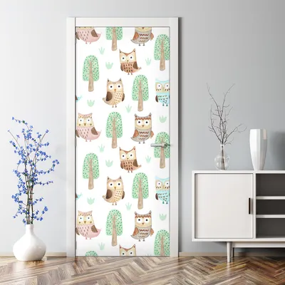 Produktbild von Dekorative Abnehmbarer Wandsticker Tapete Türtapete selbstklebend Eulen und Bäume 85 x 200 cm