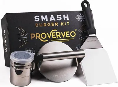 Produktbild von Famanu Smash Burger Set - Professionelle Hamburgerpresse mit Zubehör - 9 Teile - Edelstahl