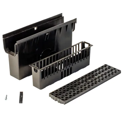 Produktbild von ScarMaxx Hofablauf Schwarz, Stegrost mit Fangkorb und Bienenwabenmuster, DN110, Polypropylen, A15, Stegrost 500x130x20mm, Gehäuse 500x200x275mm, für Außenbereiche, Einfahrten und Höfe, 2 Stück
