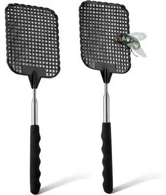 Image de INF Lot de 2 tapettes à mouches télescopiques avec tête en acier inoxydable et manche PP/PVC
