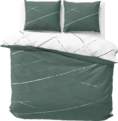 A bedding set with a duvet cover and two pillowcases, laid out on a white surface.