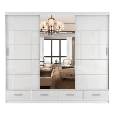 Produktbild von Schwebetürenschrank Kleiderschrank 250 cm Weiß/Weiß semigloss mit Spiegel Florence