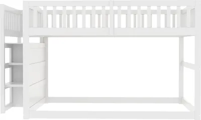 Produktbild von Merax Etagenbett 140x200cm mit Lattenrost, Hochbett mit Staufach und Schublade, Kinderbett mit Rausfallschutz und Treppe, Holzbett Jugendbett, Weiß