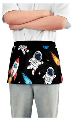 Produktbild von Schwarze Taillenschürze mit Weltraum-Astronauten-Raketen für Männer und Frauen, kurze Kellnerschürze und Gartenschürze mit 3 Taschen