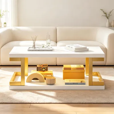 Produktbild von MODFU Couchtische mit LED,Wohnzimmertisch Weiß,Sofatisch Beistelltisch mit offener Ablage und Metallgestell,Kaffeetisch für Wohnzimmer