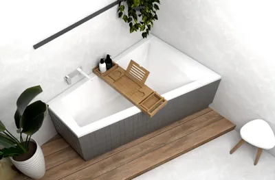 Produktbild von ECOLAM Eckbadewanne Trapez Rita Badewanne Acryl Trapezbadewanne 160 x 100 cm rechts + Bambus Ablage, Füße Ablauf Silikon