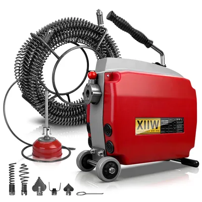 Produktbild von Elektrische Rohrreinigungsmaschine 1250W 550 U/min, für Rohrdurchmesser Ø20-200 mm, Abflussreiniger 18M+14M xØ22mm Feder, 5 Bohrköpfe, mit Bodenrollen