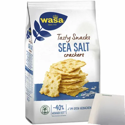 Produktbild von Wasa Tasty Snacks Crackers Meersalz (180g Packung) + usy Block