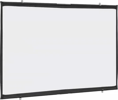 A white projection screen with a black border and hanging loops.