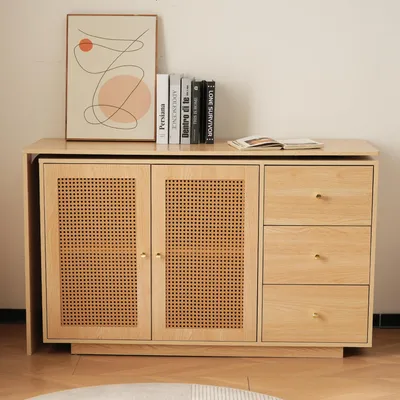 Image de Bureau Sweiko, table d'angle en L, table d'ordinateur avec portes en rotin, coiffeuse, blanc 126 cm