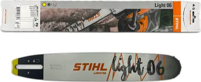 A product shot of a STIHL chainsaw bar and its packaging.
