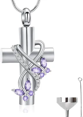 Produktbild von Luxe Ascheanhänger mit Kette - Gedenkschmuck für Asche, Haare oder Parfum - Inkl. Asfüllhilfe und Aufbewahrungstasche - Schmetterlingskreuz