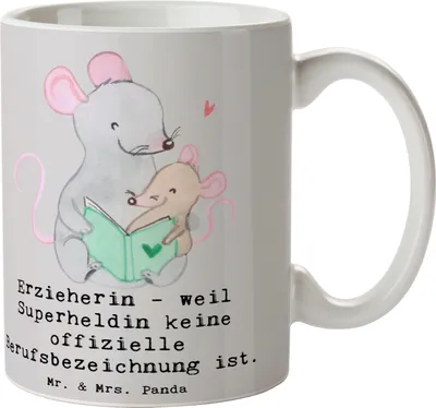 Produktbild von Mr. & Mrs. Panda Teetasse Erzieherin Superheldin - Grau Pastell - Geschenk, personalisierte Geschenke, Dankbarkeit, Heldentaten, Tasse, Bildung, besondere Schätze, Beruf