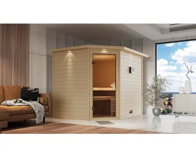 Produktbild von Massivholzsauna Karibu Kanami ohne Ofen mit Dachkranz und bronzierter Ganzglastüre