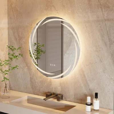 Image de Miroir de salle de bain LED Vrygle rond 60 cm, miroir mural design Streamer avec rétroéclairage, tactile, 3 couleurs de lumière réglables, anti-buée, IP66