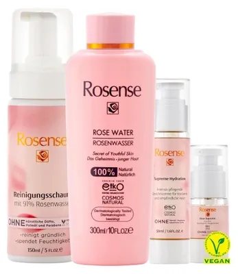 Hautpflegeset: Reinigungsschaum, Rosenwasser, Creme & Augenserum