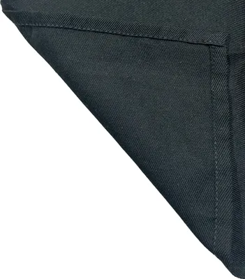 A close-up of a black fabric, folded to show its texture and stitching.