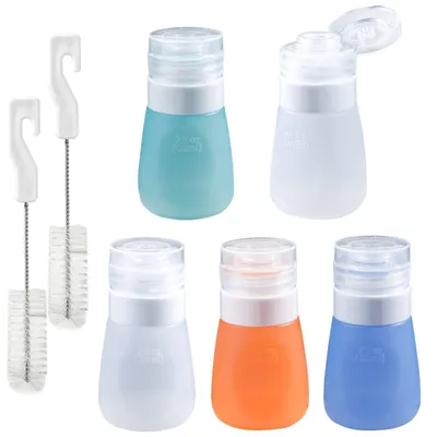 Produktbild von Webake: 2 Unzen Salatdressing-Behälter zum Mitnehmen, 5er-Pack, Gewürzflaschen, Quetschflaschen aus Silikon für Saucen, mit 2 Stück Reinigungsbürsten, auslaufsichere Mini-Reisebehälter