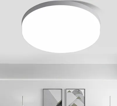 A close-up view of a white, circular ceiling light fixture mounted on a white ceiling.