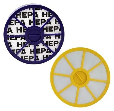 Two round filters, one purple and one yellow, are shown against a white background.