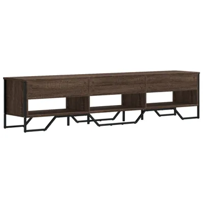A long, low TV stand with a dark wood grain finish and black metal legs, presented against a white background.