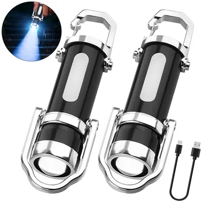 Produktbild von 2 Stück Superhelle Mini Schlüsselanhänger Taschenlampe – Wasserdicht, 1200LM, UV-Licht, Teleskopzoom, Powerbank-Funktion