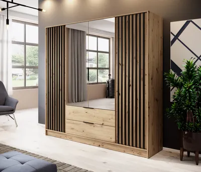 A modern bedroom with a large wardrobe, a chair, and a plant.