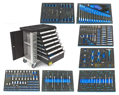 Obrázok produktu pre Profesionálna skrinka - dielenský vozík s náradím, so 7 zásuvkami, 262ks náradia, 7 vložiek carbon - premium, HBM Holandsko