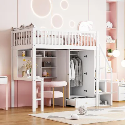 Produktbild von Hochbett Kinderbett 90x200 mit Kleiderschrank Schreibtisch Stauraum Treppe Weiß